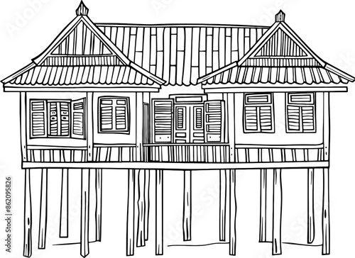 Traditional indonesian stilt house drawing