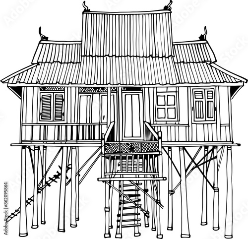 Traditional indonesian stilt house drawing