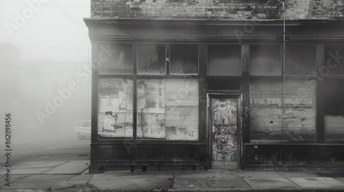 A hazy black and white photo of a boardedup storefront captures the ghostly presence of a once thriving urban area now relegated to a state of decay. Black and white art photo