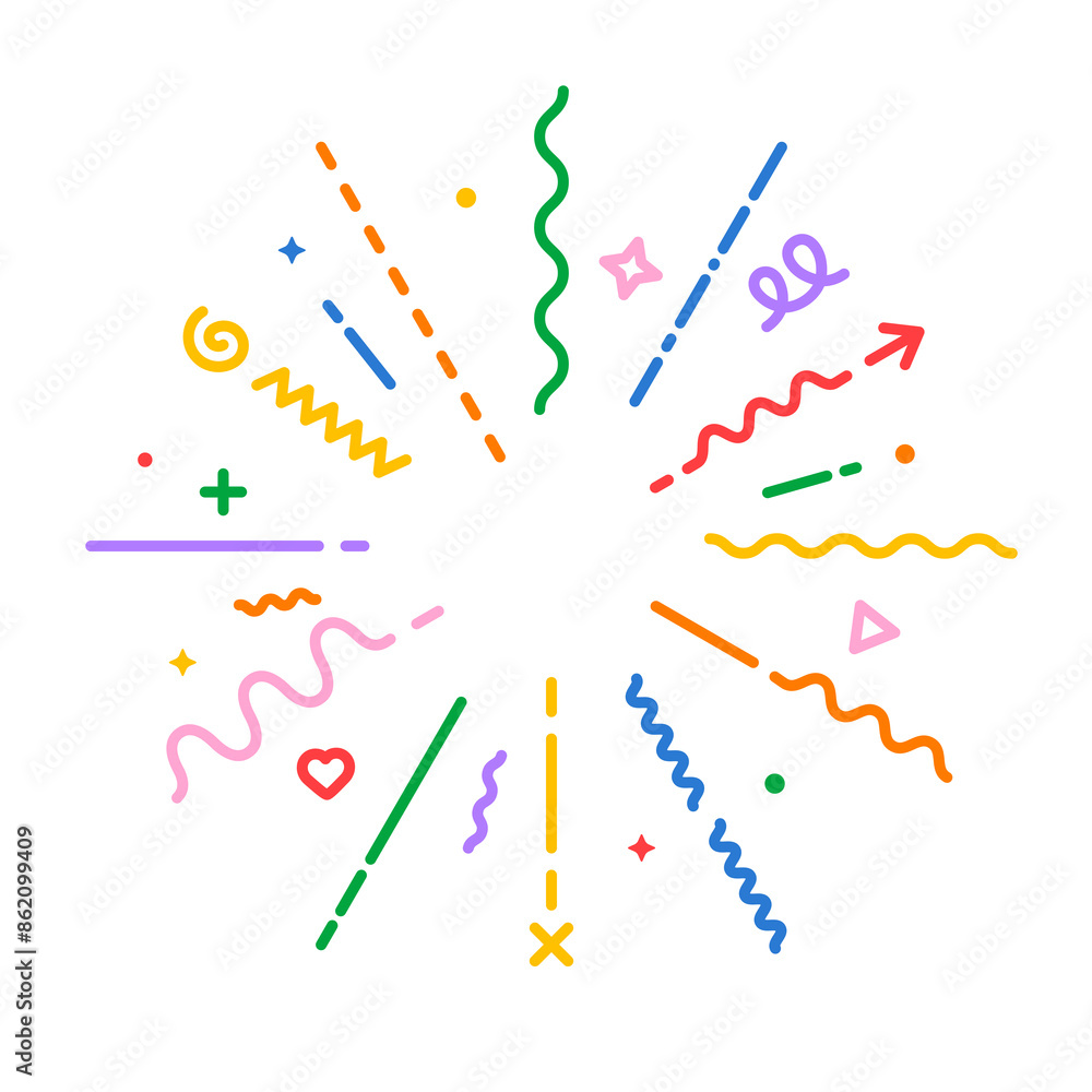 Confetti explosion vector line icon. Modern geometric starburst explosion. Colorful flat style radial confetti boom on white background. Vector illustration Confetti explosion vector line icon. Modern geometric starburst explosion. Colorful flat style radial confetti boom on white background. Vector illustration