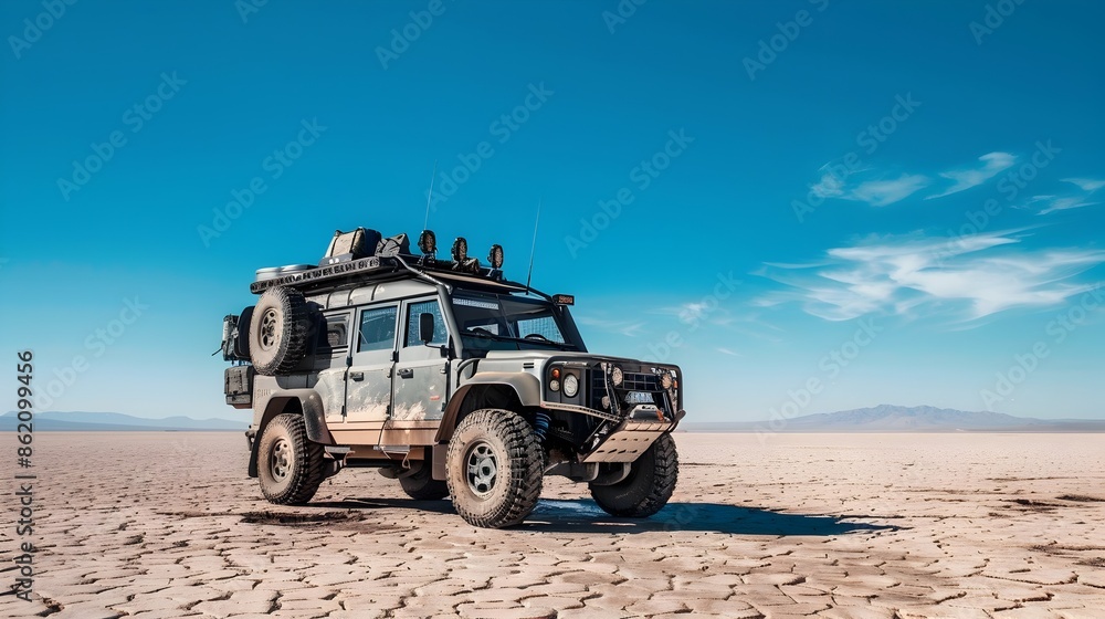 Custom Built Survival Vehicle Parked on Desert Plain with Blue Sky Backdrop Custom Built Survival Vehicle Parked on Desert Plain with Blue Sky Backdrop