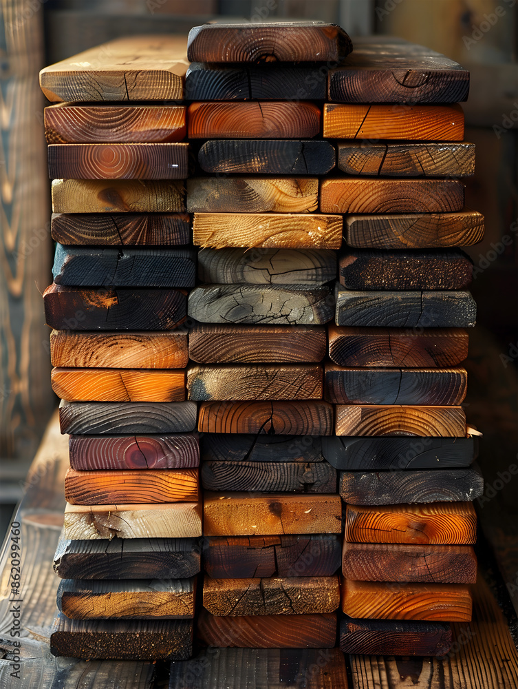 Naklejka premium Stacked Wooden Planks with Varied Textures and Colors in Rustic Setting
