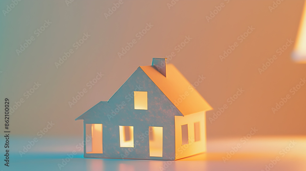 Minimalist Paper House Model with Warm Lighting in Soft Focus Background Minimalist Paper House Model with Warm Lighting in Soft Focus Background
