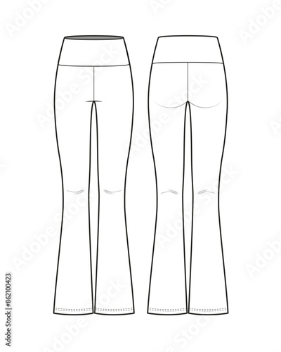 High Waist Flared Leggings with Waistband Flat Technical Sketch CAD