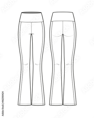 High Waist Flared Leggings with Waistband & Side Panels Flat Technical Sketch CAD