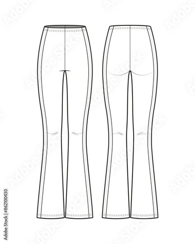High Waist Flared Leggings with Side Panels Flat Technical Sketch CAD