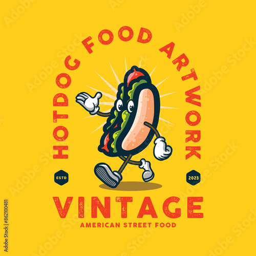hotdog mascot with groovy illustration style