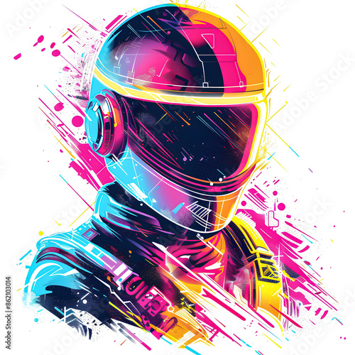 T-shirt design of a cyberdeck jockey, retro-futuristic, vibrant, energetic, with retro neon. Suitable for t-shirt or sticker ready to print.[A-0002] photo