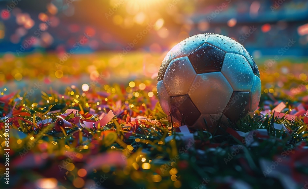 Soccer Ball on Grass Field With Autumn Leaves and Sun Soccer Ball on Grass Field With Autumn Leaves and Sun