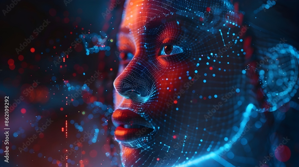Futuristic Digital Portrait Combining Mesh and Hologram Elements Futuristic Digital Portrait Combining Mesh and Hologram Elements