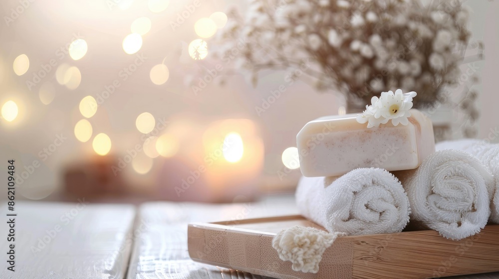 Blurry white spa background with ceramic soap towel and empty space Blurry white spa background with ceramic soap towel and empty space