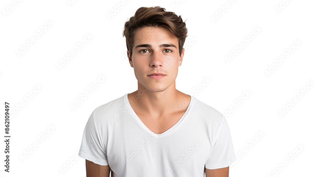 Portrait of a handsome man wearing white T-shirt, take shot from front view, studio photo, isolated on transparent background Portrait of a handsome man wearing white T-shirt, take shot from front view, studio photo, isolated on transparent background