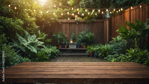 Empty wooden tabletop set in a lush home backyard garden, perfect for outdoor parties. The scene is inviting with greenery and festive elements, offering space for your text or product display © E