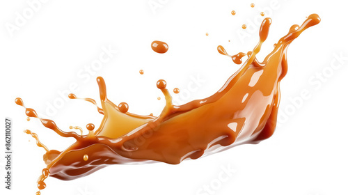 fluid caramel splash with flying droplets, isolated view