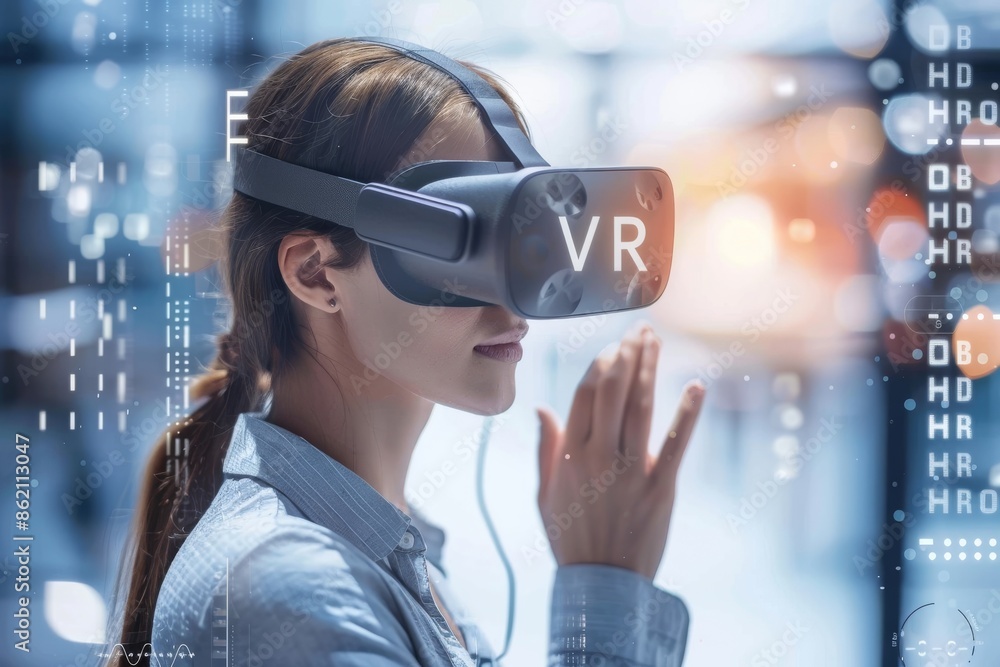 Woman enjoying VR experience in a modern setting, highlighting the integration of virtual reality technology in contemporary environments Woman enjoying VR experience in a modern setting, highlighting the integration of virtual reality technology in contemporary environments