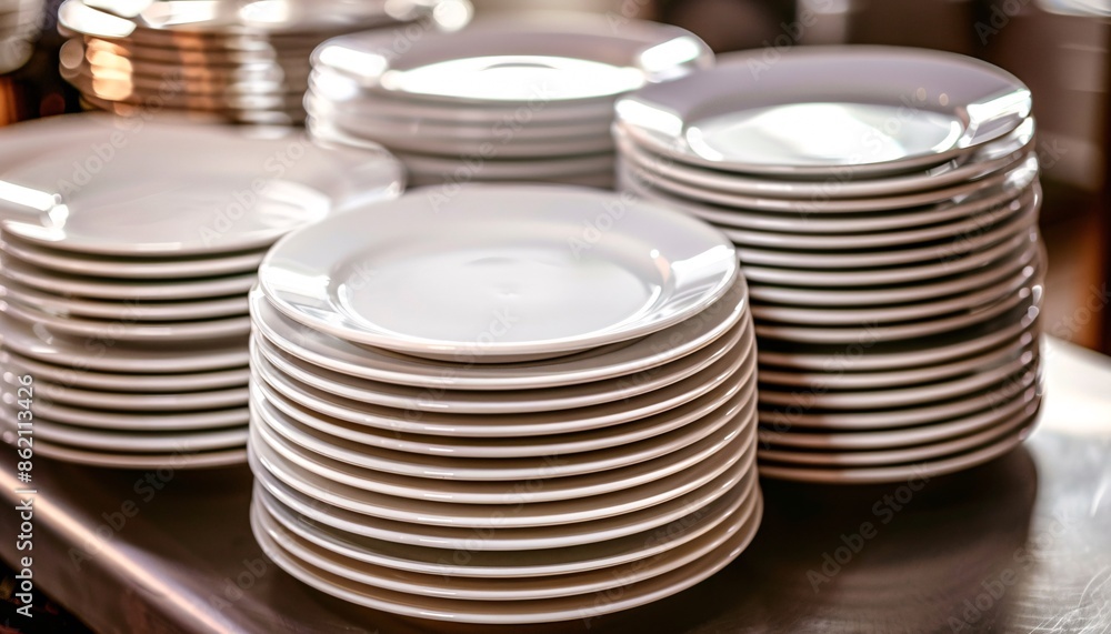 Clean plates stacked on table ready for use. Clean plates stacked on table ready for use.