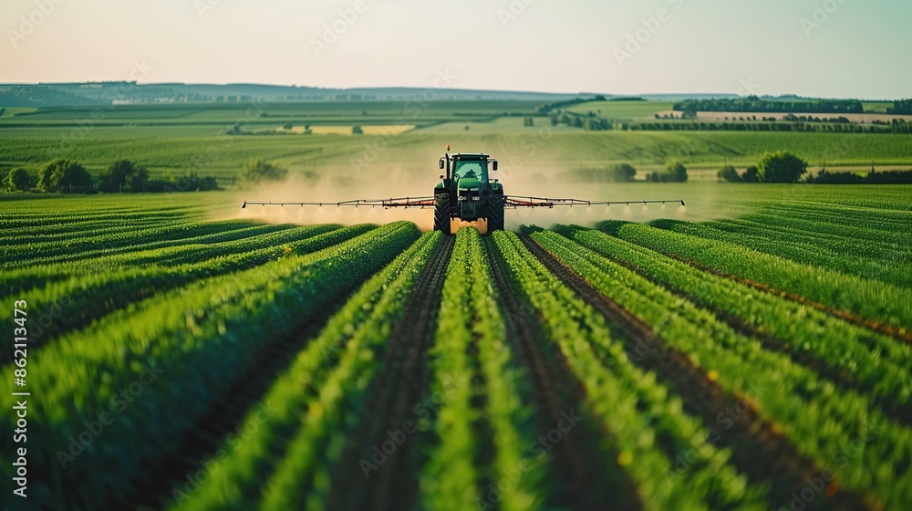 Tractor Spraying Crops in a Lush Green Field Tractor Spraying Crops in a Lush Green Field