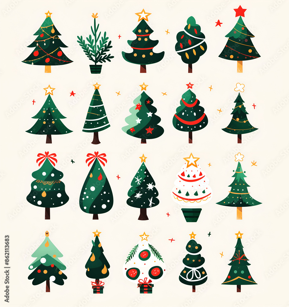 set of christmas trees on white, cartoon style set of christmas trees on white, cartoon style