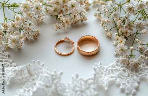 Gold Wedding Bands Surrounded by White Babys Breath Flowers and Lace