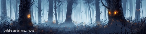 Dark Forest Path Illuminated By Glowing Lanterns On Foggy Night
