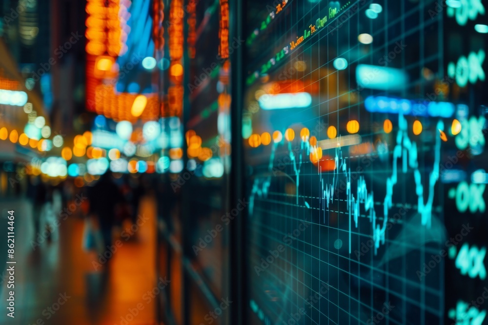 Fototapeta premium LED screen with stock data and city lights