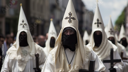 Religious procession with penitents wearing traditional costumes