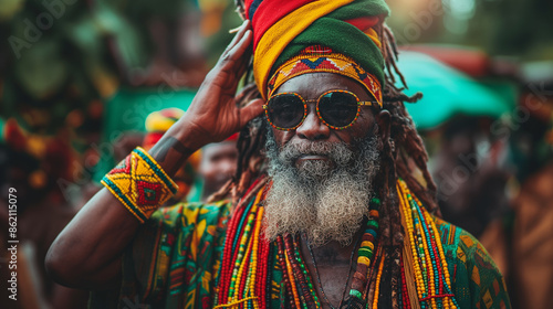 Rastafarian man wearing traditional clothing and accessories posing with hand on head