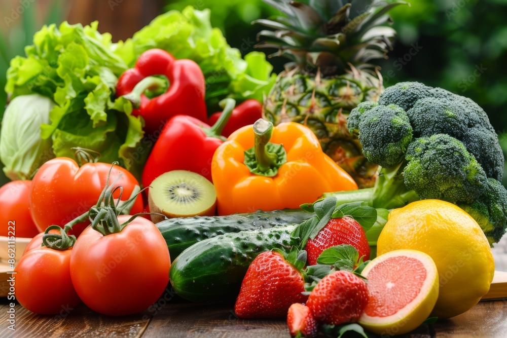 assortment of fresh vegetables and fruits on a wooden table, with bright colors and natural lighting assortment of fresh vegetables and fruits on a wooden table, with bright colors and natural lighting