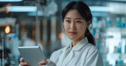 Young Woman Using Tablet in Modern City Setting