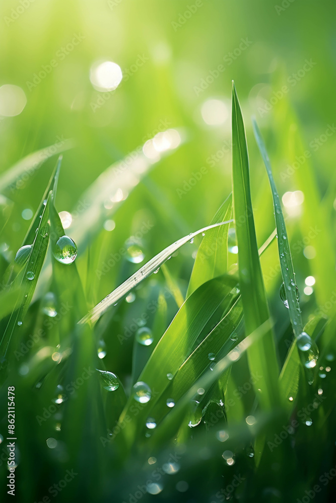Fototapeta premium Morning Dew Drops Glistening on Fresh Green Grass Blades in a Sunlit Field Creating a Sparkling and Refreshing Scene