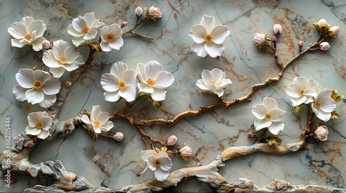 panel wall art, wall decoration, marble background with flowers designs