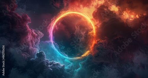 Neon Circle Glowing Above Colorful Clouds In Dark Sky