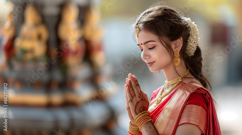 Young indian woman praying in traditional clothing in a temple photo