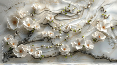 panel wall art, wall decoration, marble background with flowers designs