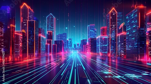 Futuristic Cityscape with Neon Lights and Glowing Data Streams in Minimalist Stylized