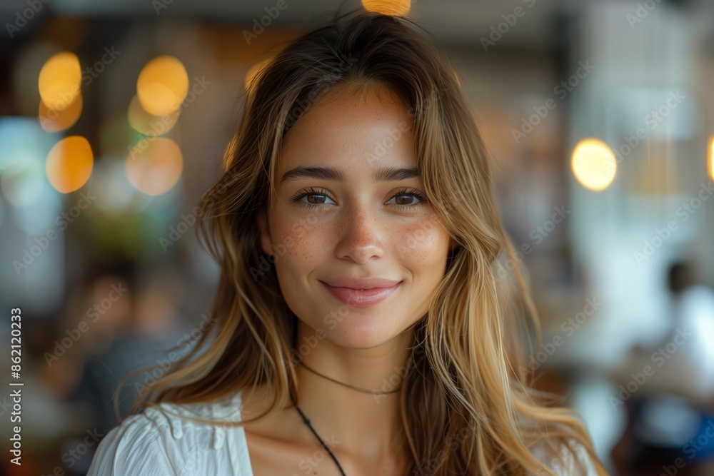 Portrait of a Smiling Woman With Long Brown Hair Indoors Portrait of a Smiling Woman With Long Brown Hair Indoors