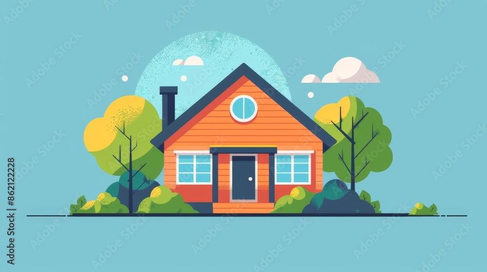 Illustration of a Single-Story House with a Front Yard Illustration of a Single-Story House with a Front Yard