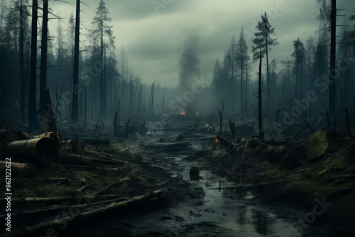 Devastated Forest with Burned and Fallen Trees Amidst a Foggy and Gloomy Atmosphere photo