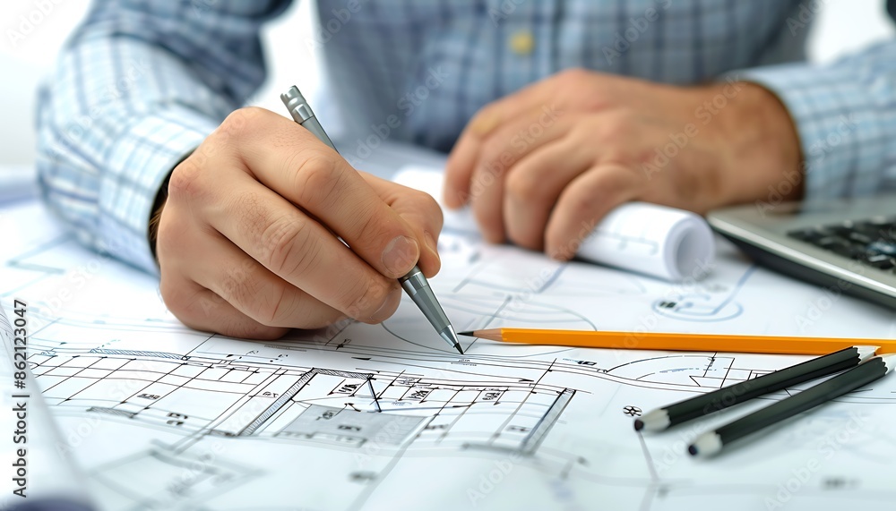 Close-up of Architect's Hand Drawing on Blueprint Close-up of Architect's Hand Drawing on Blueprint