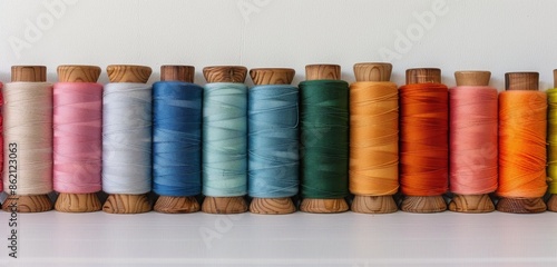 Colorful Spools of Thread Arranged on a White Fabric
