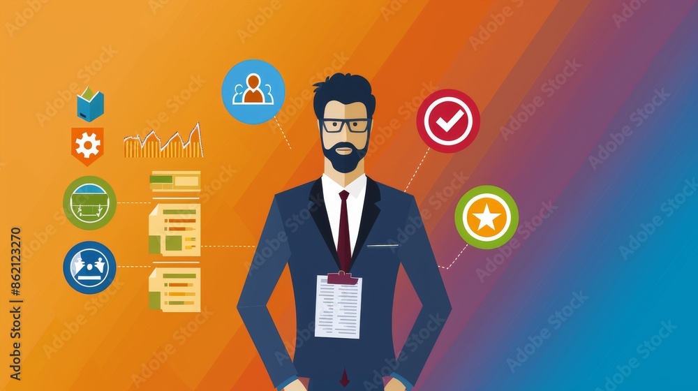 Businessman with Checklist and Success Icons Businessman with Checklist and Success Icons