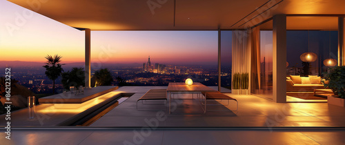 Luxury villa interior with beautiful views, sunset, city © Villas