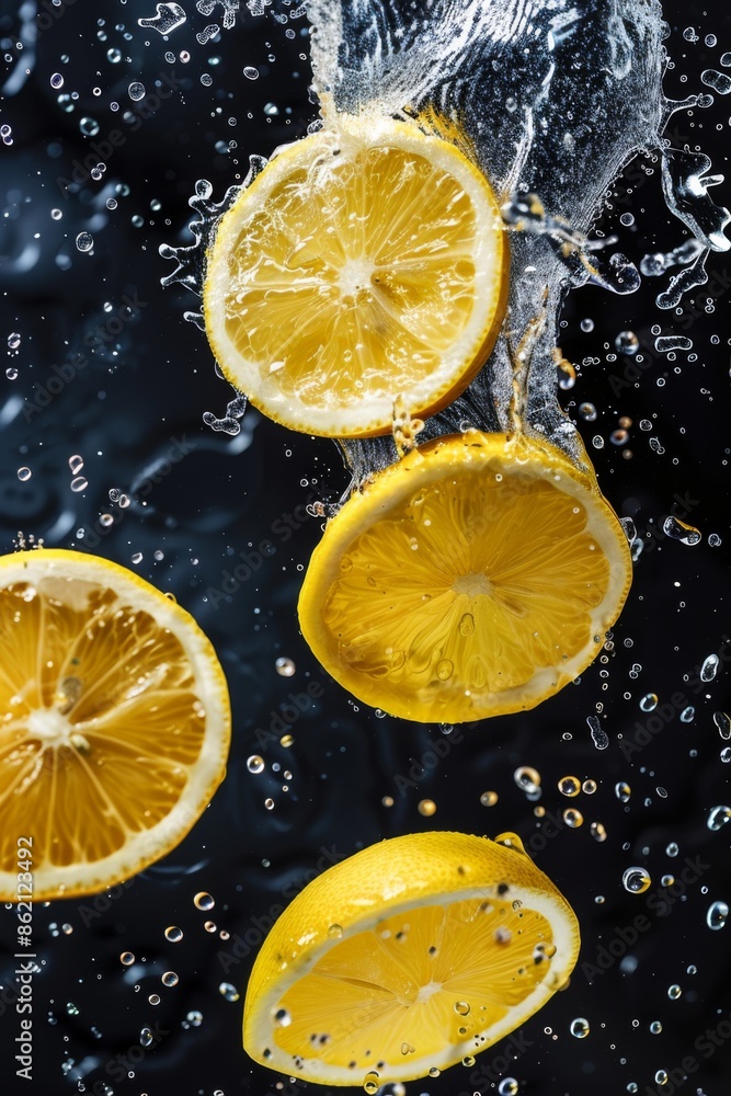 Lemon slices in water with splashes on dark background Lemon slices in water with splashes on dark background