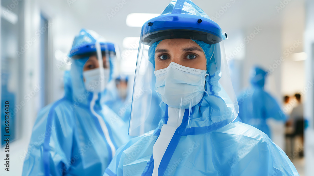 Portrait of medical professionals wearing blue protective equipment and gear in a clinical hospital or healthcare setting Team of doctors nurses Portrait of medical professionals wearing blue protective equipment and gear in a clinical hospital or healthcare setting Team of doctors nurses
