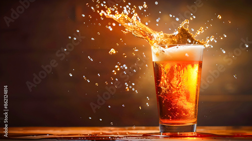 Vibrant and energetic splash of golden beer in a glass against a dark background capturing the refreshing and celebratory essence of a pouring beverage