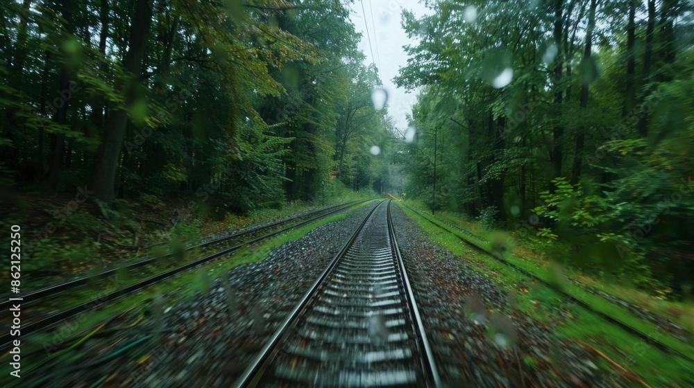 Obraz premium The trains steady rhythm matched the soothing sound of rain hitting the forest floor.
