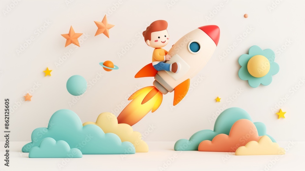 3D cartoon illustration of a boy riding rocket ship through space with clouds and stars. 3D cartoon illustration of a boy riding rocket ship through space with clouds and stars.