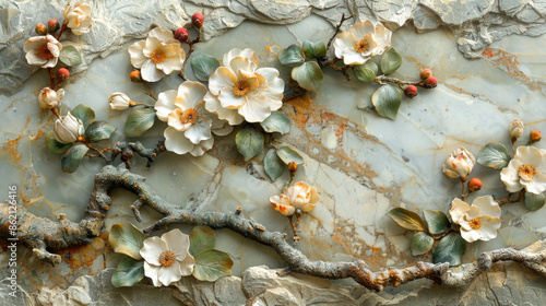 panel wall art, wall decoration, marble background with flowers designs