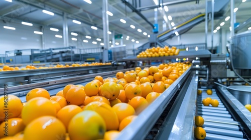 Industrial Fruit or Food Processing Production Line with Automated Conveyor Belt System in Modern Factory or Warehouse