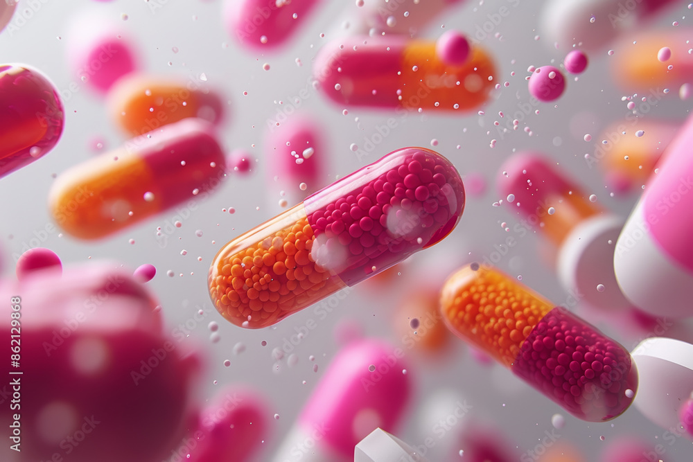 A bunch of pills are floating in the air, some of them are pink and orange A bunch of pills are floating in the air, some of them are pink and orange